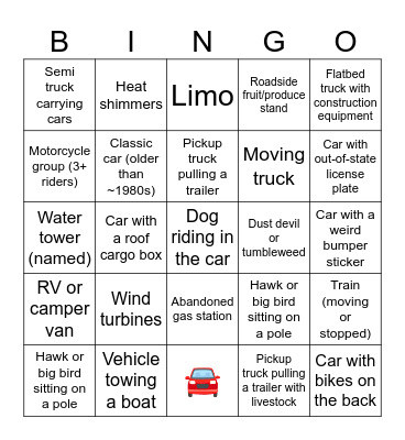 Road Trip BINGO! AL-CA 2026 Bingo Card