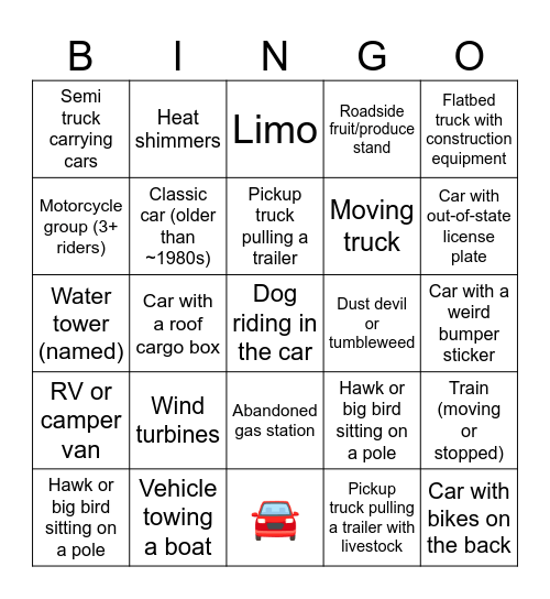 Road Trip BINGO! AL-CA 2026 Bingo Card