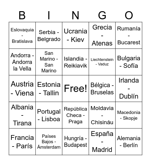 Países y Capitales Europa Bingo Card