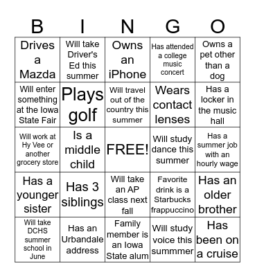 Dimensions Show Choir Bingo Card