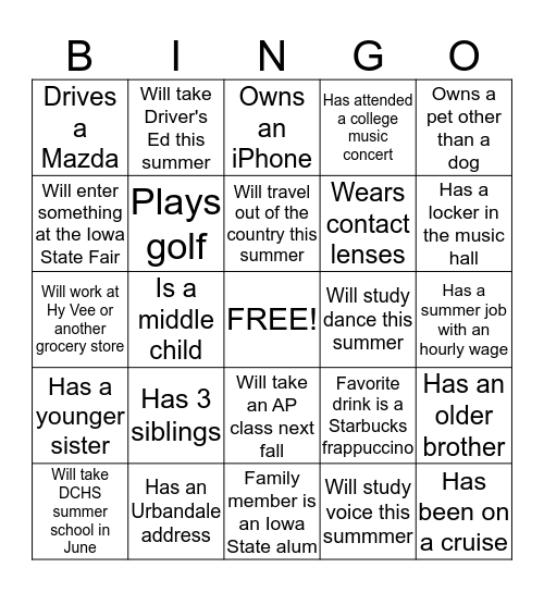 Dimensions Show Choir Bingo Card