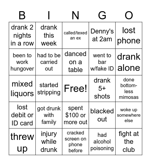 Alcoholic Bingo Card