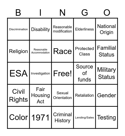 Fair Housing! Bingo Card