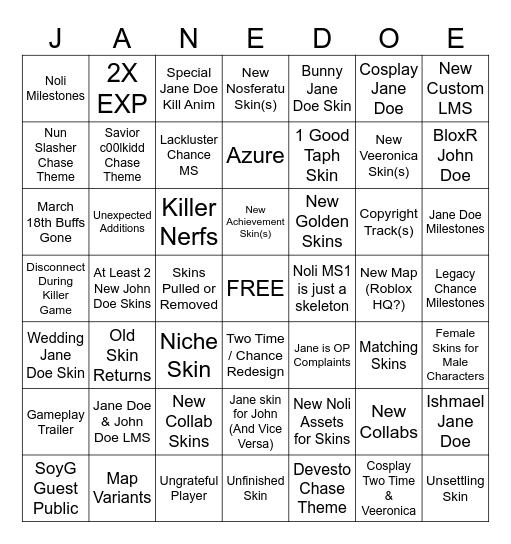 Jane Doe Update Bingo Card