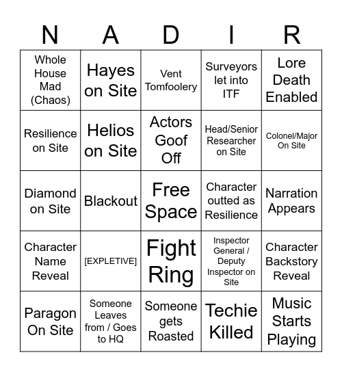 Zone Nadir Event Bingo Card