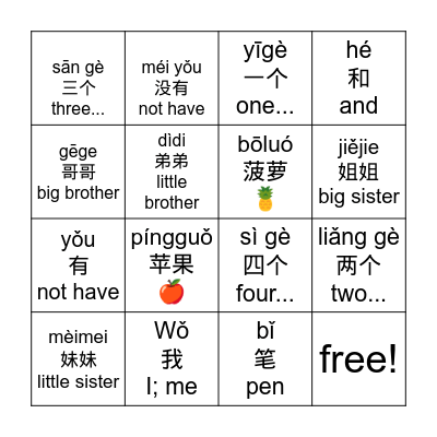 Family members Bingo Card