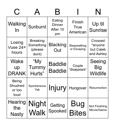 Cabin Trip BINGO Card