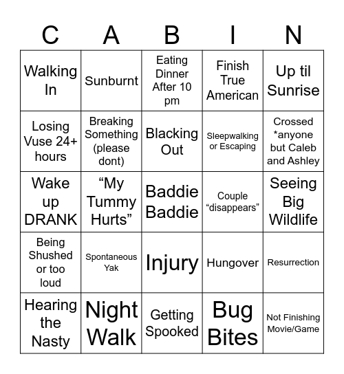 Cabin Trip BINGO Card