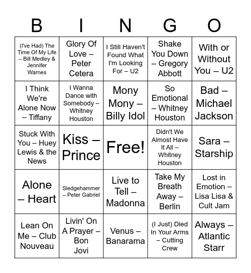 80's Hits Bingo Card
