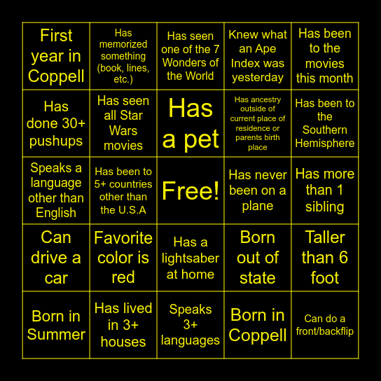 Stellar Warrs Bingo Card