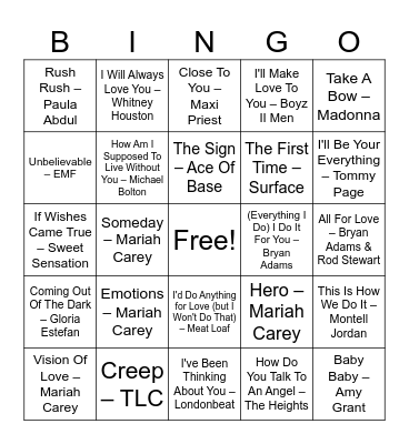 90's Hits Bingo Card
