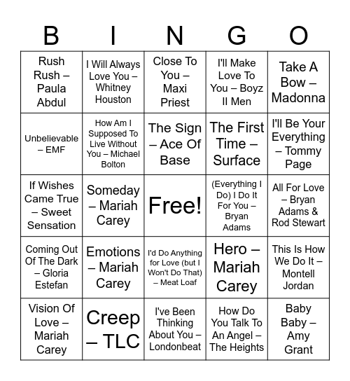 90's Hits Bingo Card