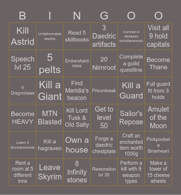 Skyrim Ironman Bingo Card