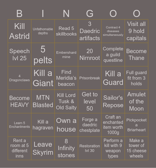 Skyrim Ironman Bingo Card
