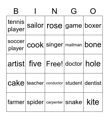 Occupations Bingo Card