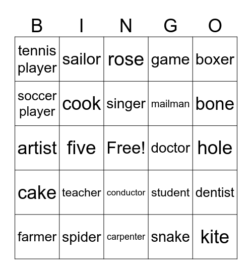 Occupations Bingo Card