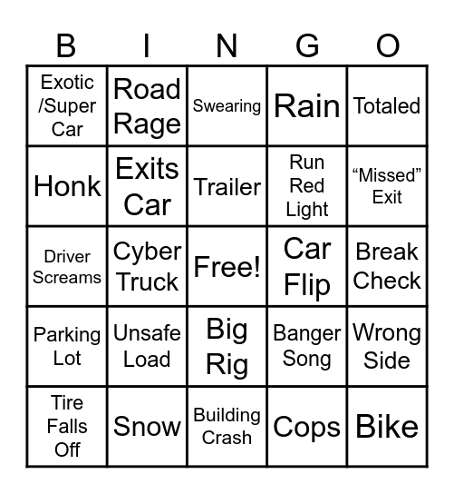 Car Chaos Bingo Card