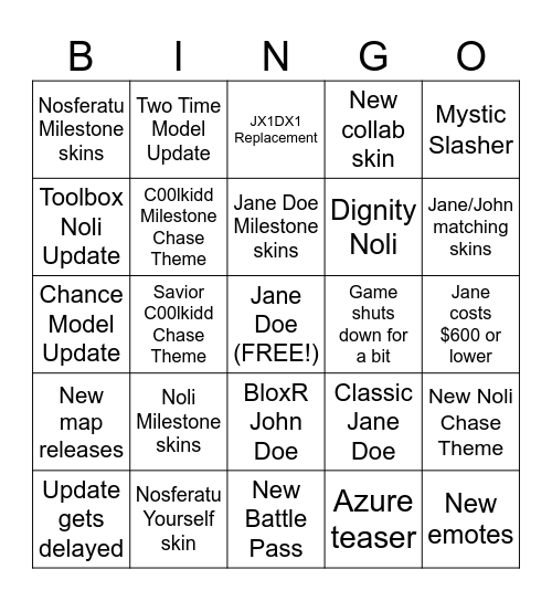 Jane Doe Update Bingo! Bingo Card