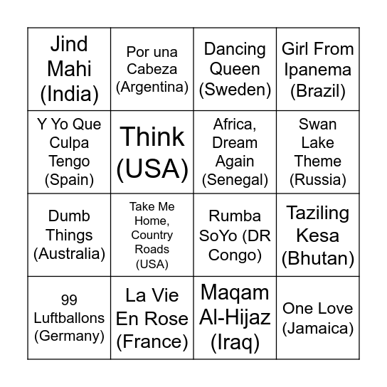 World Music Bingo Card