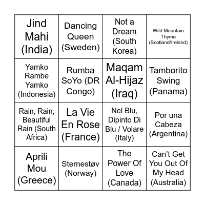 World Music Bingo Card