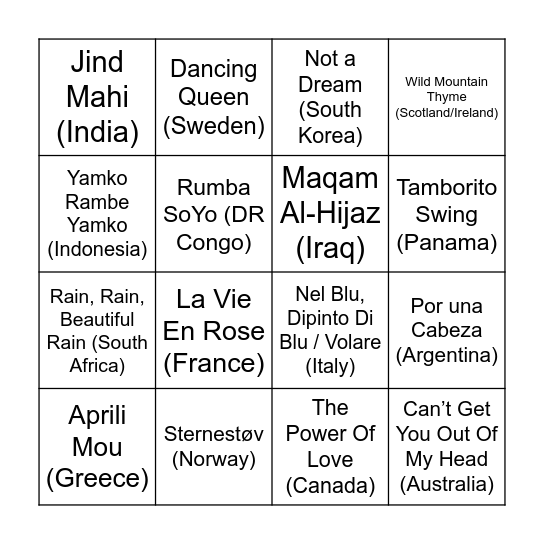 World Music Bingo Card