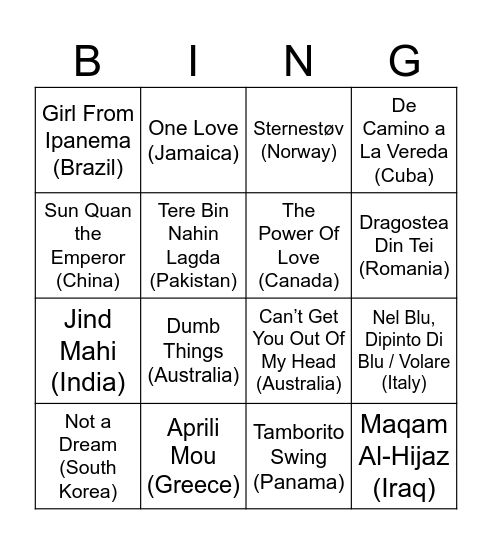 World Music Bingo Card