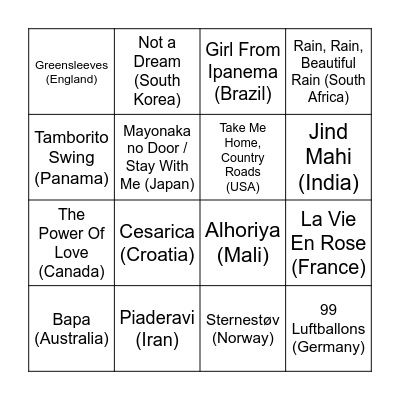 World Music Bingo Card