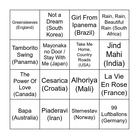 World Music Bingo Card
