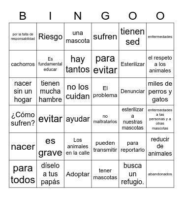 los animales sin casa Bingo Card