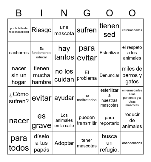 los animales sin casa Bingo Card
