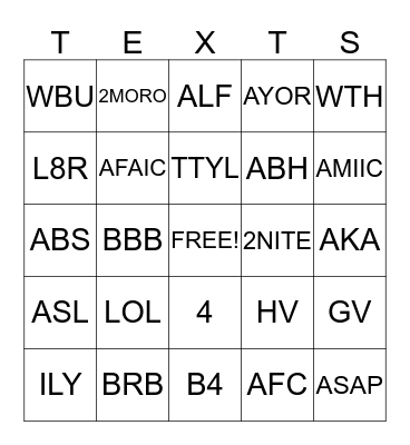 Text message Bingo Card