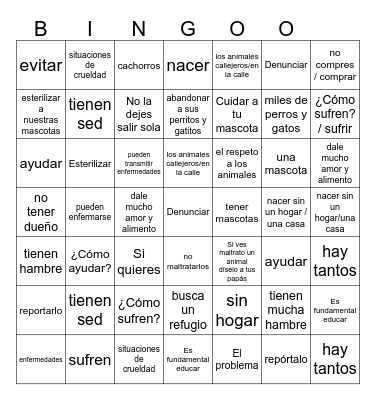 los animales sin casa Bingo Card