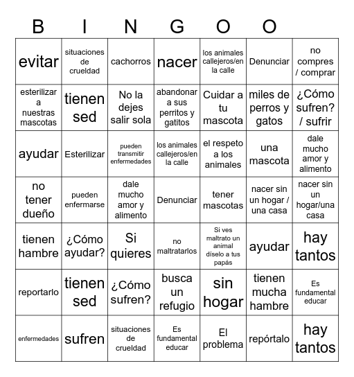 los animales sin casa Bingo Card