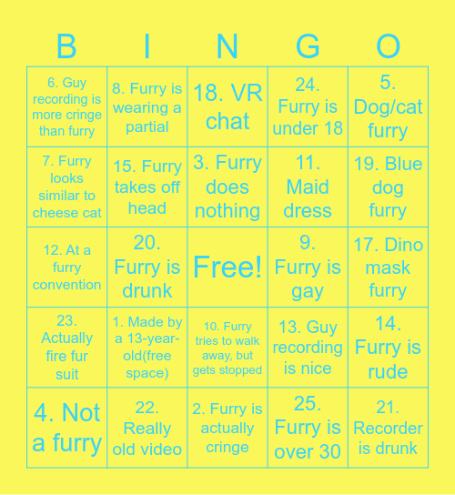 Furry CRINGE BINGO Card