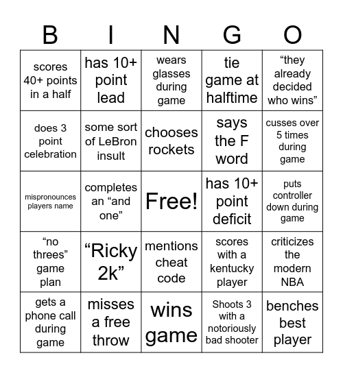Dad Playing 2k Bingo Card