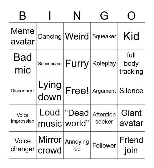 VRC Bingo Card