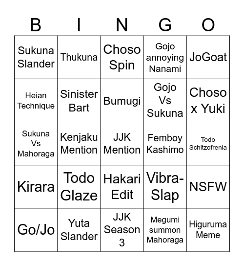 Lobotomy Kaisen Bingo Card
