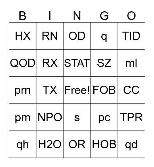 Abbreviations  Bingo Card