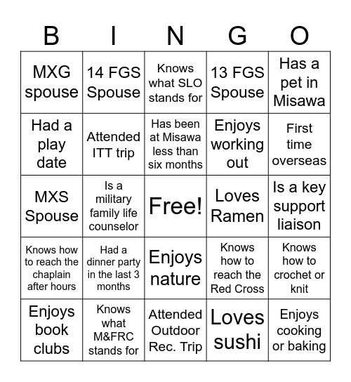 Connecting with Maintenance Spouses Bingo Card
