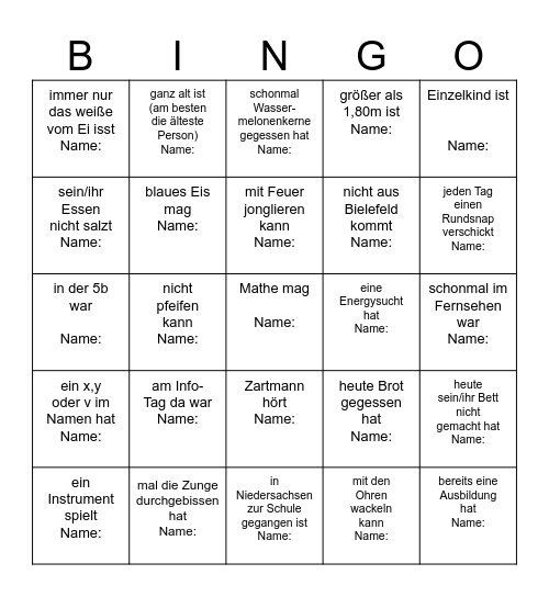 Ersti-Bingo! Finde jemanden, der/die… Bingo Card