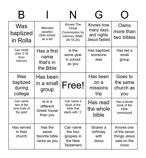 Christian Bingo! Find someone who... Bingo Card