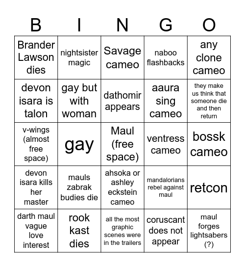 Maul Shadow Lord Bingo Card