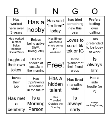 Social Work Bingo Card