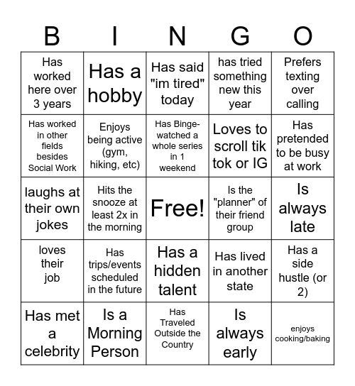 Social Work Bingo Card