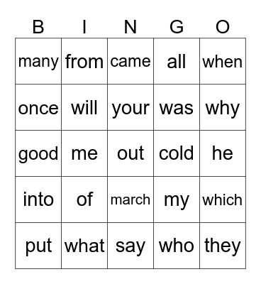 Sight Words Bingo Card
