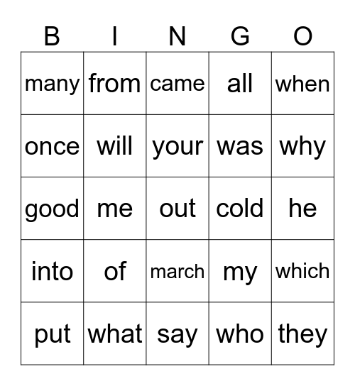 Sight Words Bingo Card