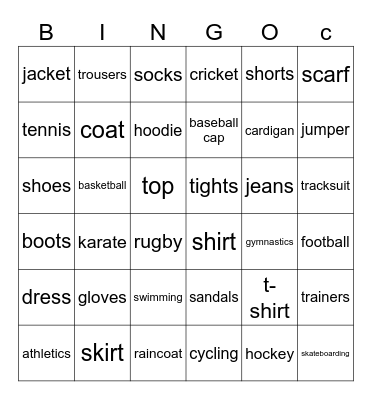 Clothes & Sports Bingo Card