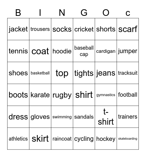 Clothes & Sports Bingo Card