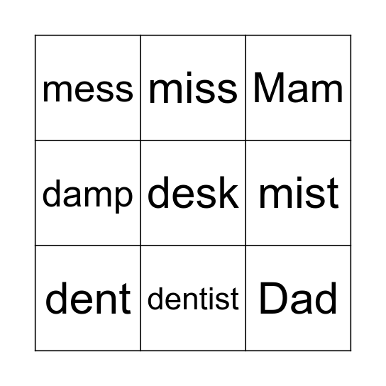 Bingo with /m/ and /d/ words Bingo Card