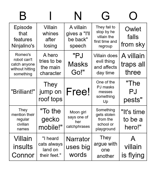 PJ masks Bingo Card